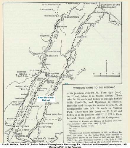 A map of Warriors Path running through River Mountain Retreat along Sweet Root Creek.