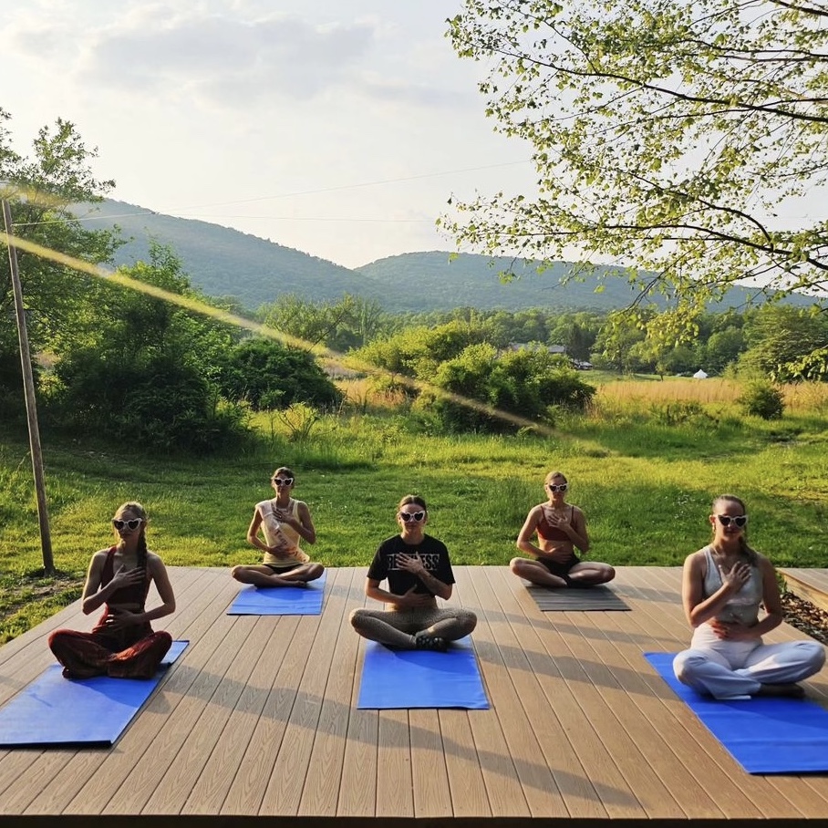 Calm Serene Bliss Satisfied Fitness Woman Doing Yoga Meditation